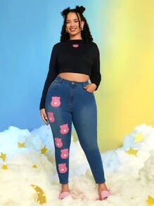 SHEIN X Care Bears Plus Heart and Cartoon Graphic Crop Tee - Black - View 3