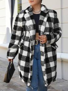 SHEIN Cottnline Plus Buffalo Plaid Pattern Lapel Neck Teddy Coat - Black and White - View 1