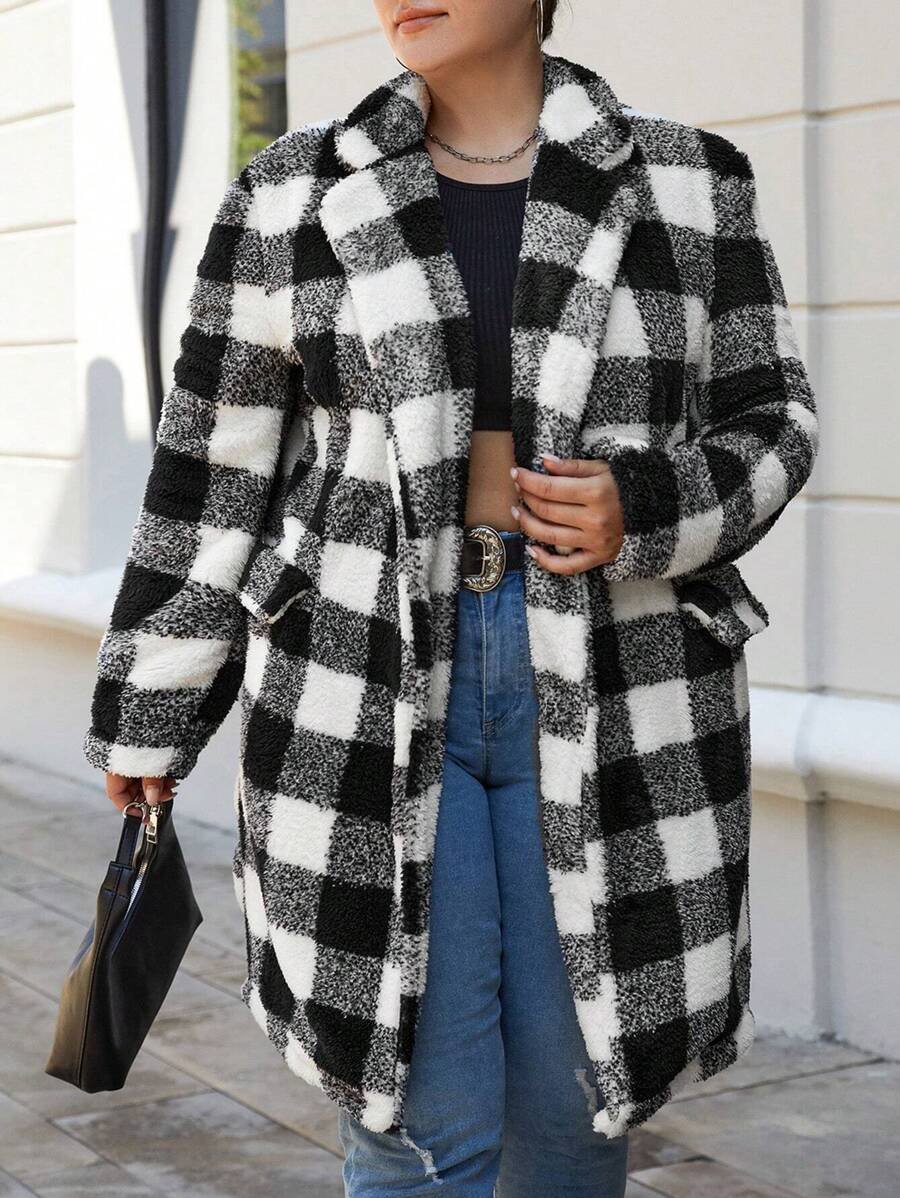SHEIN Cottnline Plus Buffalo Plaid Pattern Lapel Neck Teddy Coat - Black and White - View 1