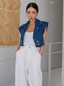 DAZY 蝙蝠袖雙排釦丹寧襯衫 - 深色水洗藍 - 查看 5