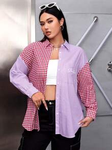 SHEIN EZwear Plus Gingham & Letter Graphic Drop Shoulder Shirt - Multicolor - View 5