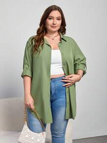 SHEIN Essnce 纯色正面纽扣衬衫 - 綠色 - 查看 3