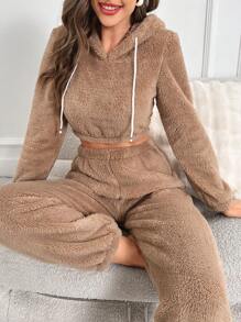 抽繩純色女士家居服套裝 - 卡其色 - 查看 5