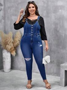 SHEIN LUNE Plus Ripped Denim Overalls Without Top - Medium Wash - View 1
