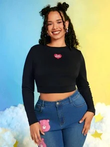 SHEIN X Care Bears Plus Heart and Cartoon Graphic Crop Tee - Black - View 2