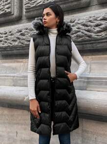 EURMUSE Slant Pockets Fuzzy Trim Hooded Puffer Vest Coat - Black - View 5