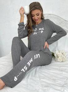 Letter Graphic Tee & Pants PJ Set / Pajama Set - Grey - View 5
