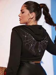 SHEIN SXY Halloween Rhinestone Detail Zipper Up Hoodie - Black - View 4