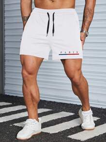 Manfinity Homme Pantalones cortos con cordón en la cintura y gráfico de letras para hombres - Blanco - Ver 1