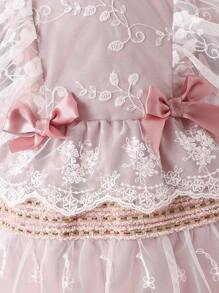 Baby Girl Bow Front Ruffle Trim Contrast Lace Dress - Multicolor - View 4