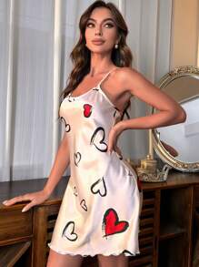 Heart Print Satin Cami Pajama Nightdress Luxeloungewear