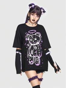 ROMWE Kawaii 卡通圖案落肩T恤 - 黑色 - 查看 5