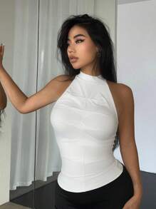 SHEIN SXY Áo ba lỗ xếp nếp chắc chắn - trắng - Xem 1