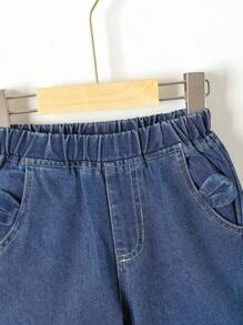 SHEIN Young Girl Bow Detail Jogger Jeans Young Girl Bow Jeansgirls Bow Jeansbow Jeans Kidsdenim Pants For Girls - Dark Wash - View 3