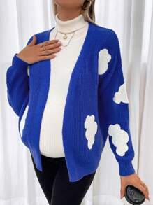 SHEIN Maternity Clouds Pattern Drop Shoulder Duster Cardigan, For Winter - Blue and White - View 3