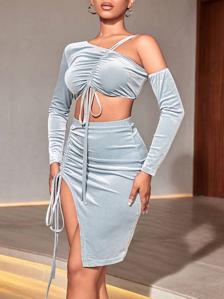 Asymmetrical Neck Drawstring Crop Top & Split Thigh Skirt