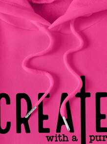 SHEIN EZwear Slogan Graphic Kangaroo Pocket Drawstring Thermal Hoodie - Red - View 4