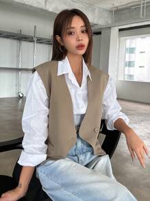 DAZY 1 pieza Chaleco con botones Blazer Atuendo de negocios - Café integral - Ver 6