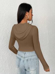 SHEIN EZwear Dây kéo Dây rút Áo hoodie ngắn - màu nâu - Xem 2