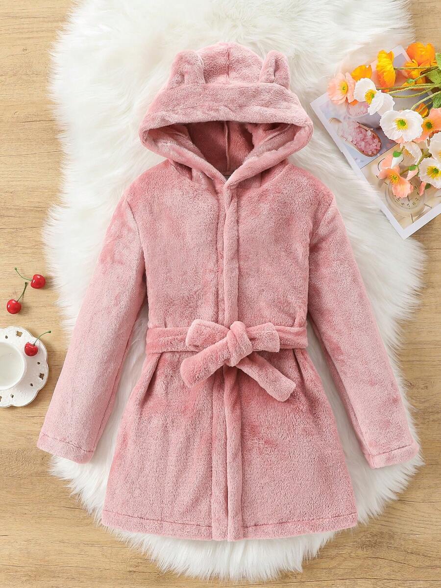 Cô gái Tween Thiết kế tai 3D áo có mũ Thắt lưng Flannel Áo choàng ngủ - Bụi hồng - Xem 1