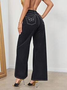 SHEIN BAE Butterfly Pattern Contrast Stitch Wide Leg Jeans - Black - View 2