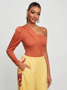 Adrienne Alexis Body de un hombro de manga farol - Naranja Quemada - Ver 4