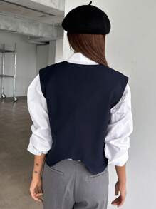 DAZY Solid Button Front Waistcoat Without Blouse,Fall Clothes Business Attire - Navy Blue - View 2