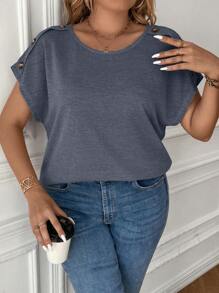 SHEIN Clasi Plus Button Detail Batwing Sleeve Tee - Navy Blue - View 3
