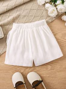 SHEIN Young Girl Casual & Chic Bow-Tie Detail Shorts For School And Everyday Wear White Shorts For Girls,Holiday,Summer,Travel - White - View 2