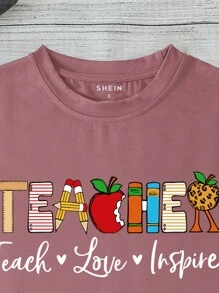 SHEIN LUNE Camiseta con estampado de letra - Rosa Oxidada - Ver 3