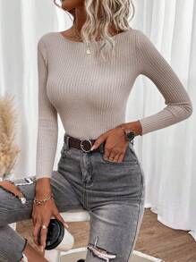 SHEIN Clasi Pull tricot côtelé à encolure bateau, hauts à manches longues