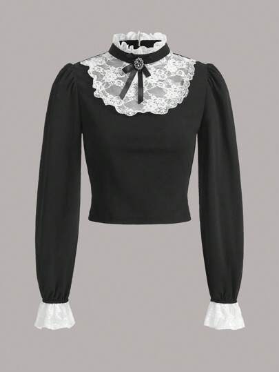 1pc Contrast Lace Bow Front Flare Sleeve Mock Neck Top