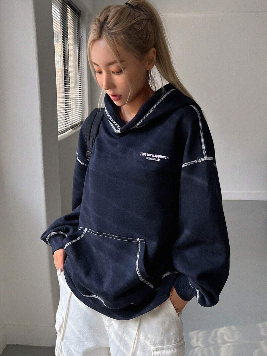 DAZY 女士休闲字母印花保暖内衬卫衣,秋冬季 Y2K 款 - 藏蓝色 - 查看 1