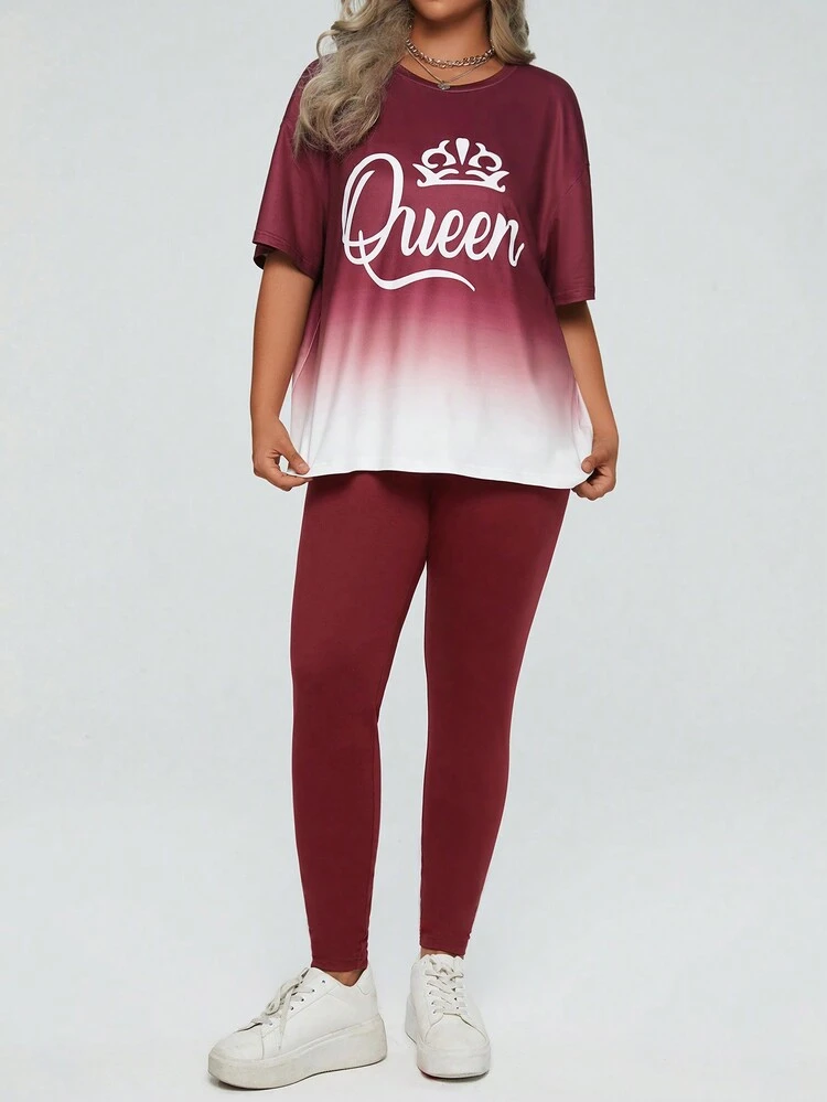 Plus Letter Graphic Ombre Drop Shoulder Tee & Leggings