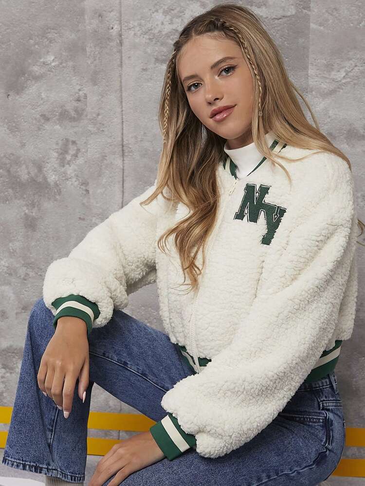 Teen Girl Letter Patched Striped Trim Drop Shoulder Teddy Bomber Jacket