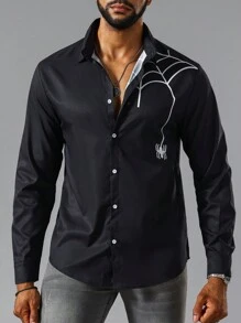 Manfinity LEGND Hombres Camisa con estampado de telaraña con botón - Negro - Ver 1