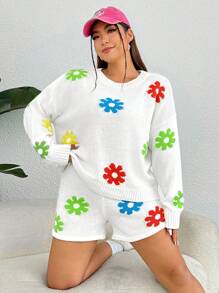 SHEIN EZwear Plus Floral Pattern Drop Shoulder Sweater & Knit Shorts - Multicolor - View 6