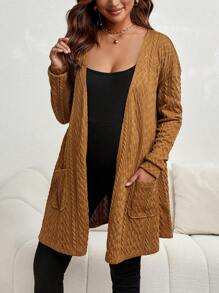 SHEIN Maternity Dual Pocket Drop Shoulder Open Front Coat - Brown - View 1