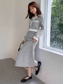 FRIFUL Plaid Print Contrast Trim Button Detail Dress - Black and White - View 4