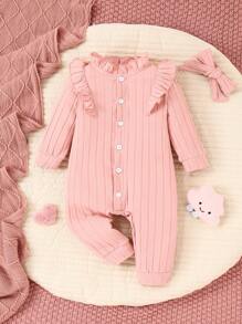 Bebé niña Mono ribete con fruncido con botón delantero con banda cabeza - Rosa vieja - Ver 1