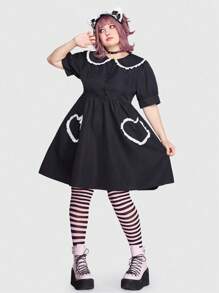 ROMWE Kawaii Plus Contrast Lace Trim Statement Collar Dress - Black - View 1