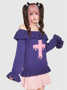 ROMWE Kawaii Cross Pattern Off Shoulder Ruffle Trim Sweater - Purple - View 4