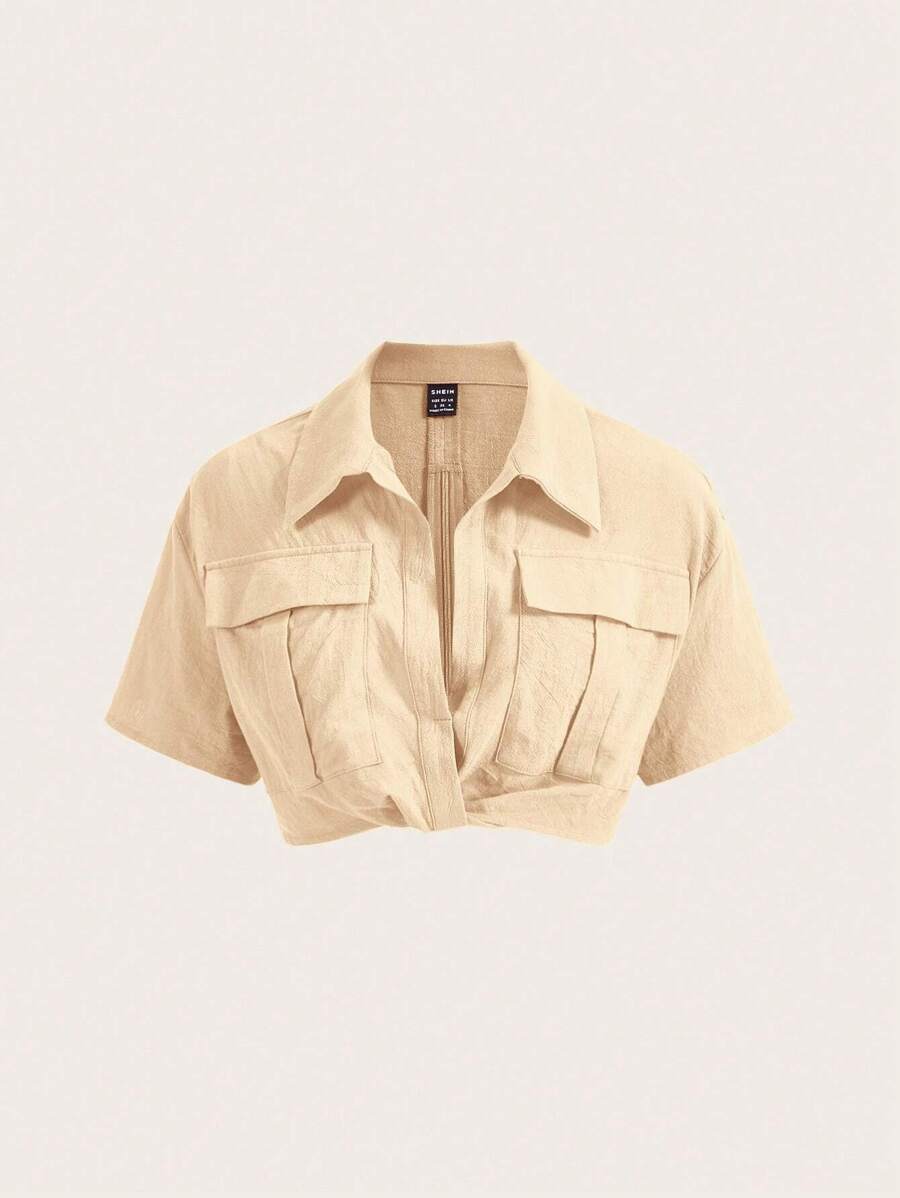 SHEIN EZwear Camicia corta con tasche a patta, top a maniche corte - Albicocca - Visualizzare 1