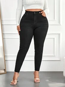 EURMUSE Plus Size  High Waist Skinny Jeans - Black - View 5