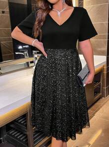 Plus Dalmatian Print V Neck Dress - Black - View 4