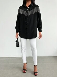 EURMUSE Fringe Trim Button Front Shirt - Black - View 3