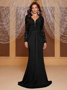 YISIKADO Mesh Insert Ruched Floor Length Formal Dress - Black - View 3