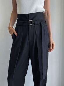FRIFUL Solid Slant Pocket Belted Suit Pants,Women Dress Pants Business Attire - Navy Blue - View 4