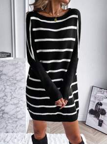 SHEIN Unity Striped Pattern Batwing Sleeve Sweater Dress - Black and White - View 4