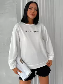 EURMUSE Letter Graphic Drop Shoulder Sweatshirt - White - View 1